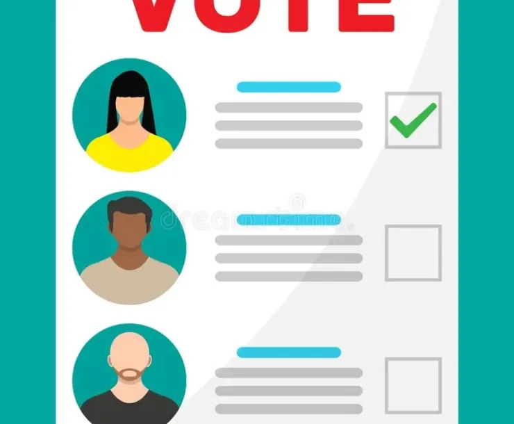 Graphic of ballot that says VOTE at top and images of people on the side with a check mark next to one