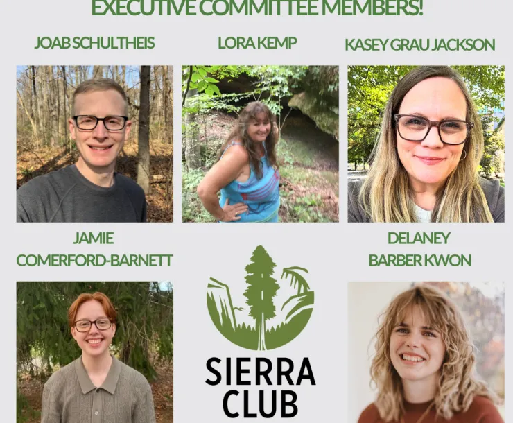 A graphic showing five people with their names to welcome them to the Sierra Club Hoosier Chapter executive committee