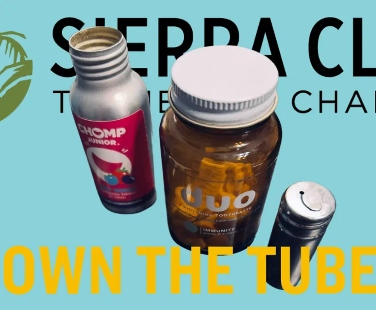 SIerra Club logo with toothpaste tablets and floss