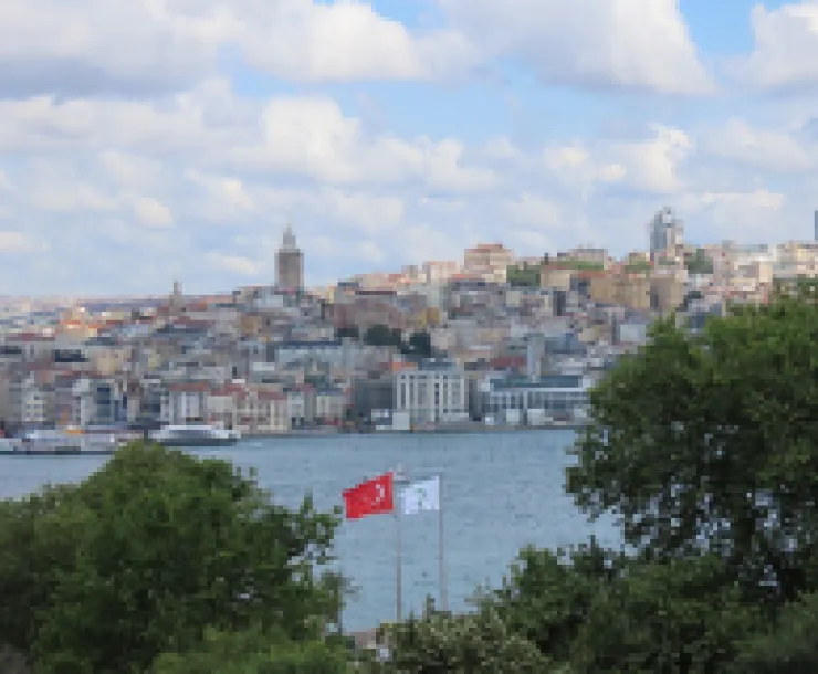 View across lake at a city