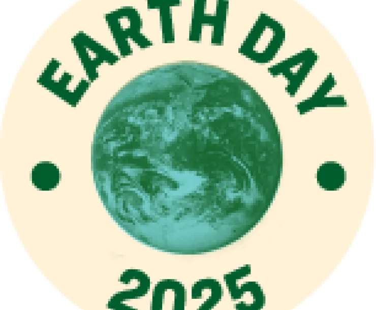 A circle with the words "Earth Day 2025" around the edge and an illustration of the planet Earth in the middle