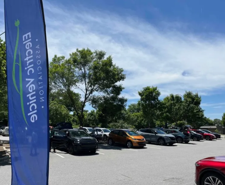 Electric vehicles are lined up in a parking lot.