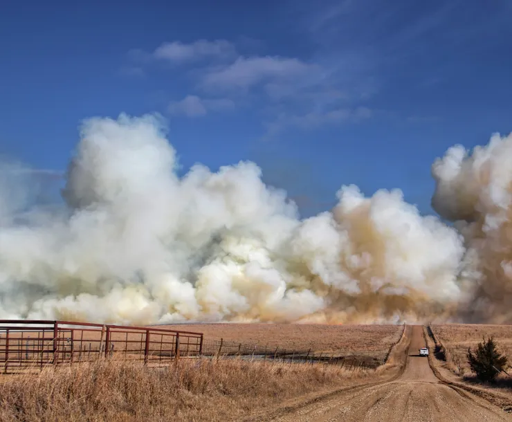 Large clouds of white smoke on dusty country road near brown fields
