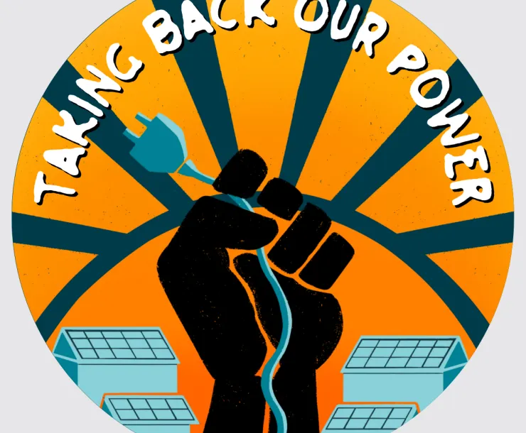 sun and solar panels on rooftops with fist in front holding power cord, all in front of the sin
