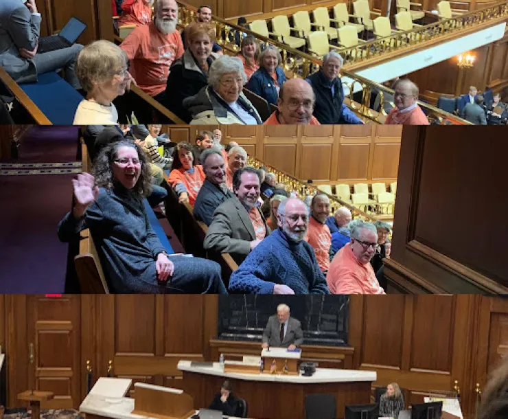 A triptych of three photographs one on top of the other showing people at the Statehouse in Indiana. The top and middle photos are group photos of people seated in chairs in an auditorium. They are looking at the camera for the photographs. The bottom photo is of a speaker viewed from above, standing behind a large desk.