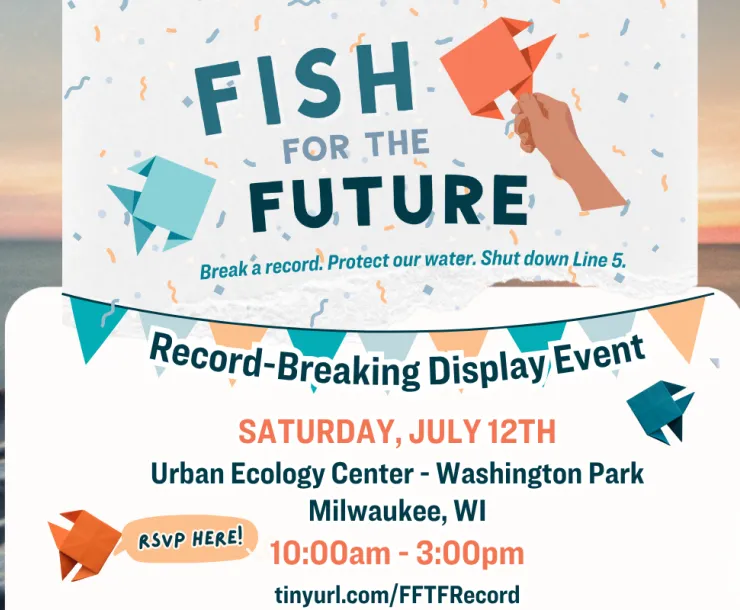 Join us for the record breaking event, July 12, and Urban Ecology Center-Milwaukee, and the Fish for the future logo on a picture of Lake Surperio