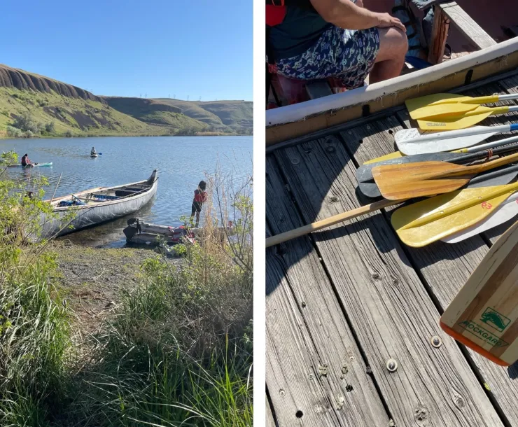 Two photographs side by side. Left: a short beach pathway leads to a wide river where a canoe and several people wait. Right: a pile of 10 canoe paddles lays on a weathered wooden dock.