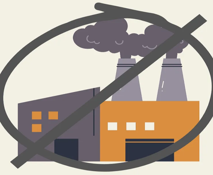 An illustration shows a stylized power plant with a circle and line through it overlaid