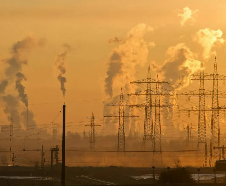 Electric towers and air pollution in yellow sky