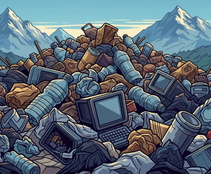 Heap of garbage with snow-capped mountains in the background