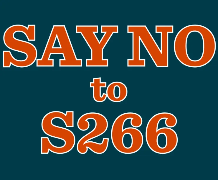 A blue background with the words "SAY NO to S266"