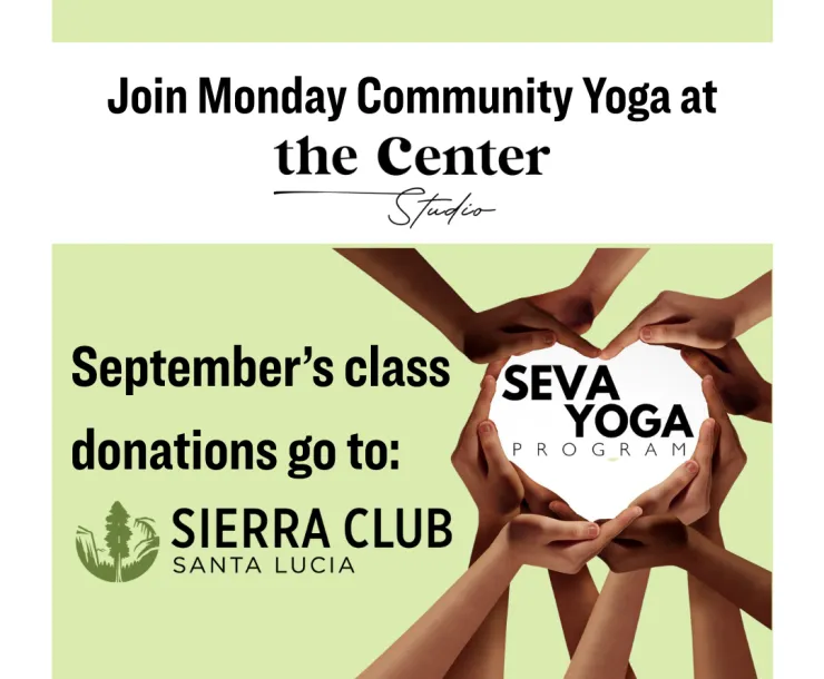 Graphic of Seva Yoga announcement about community yoga supporting the Santa Lucia Chapter