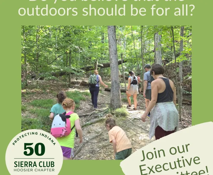 A graphic showing a group of people, some children, some adults, on a trail. The writing says Do you believe that the outdoors should be for all? Join our Executive Committee!