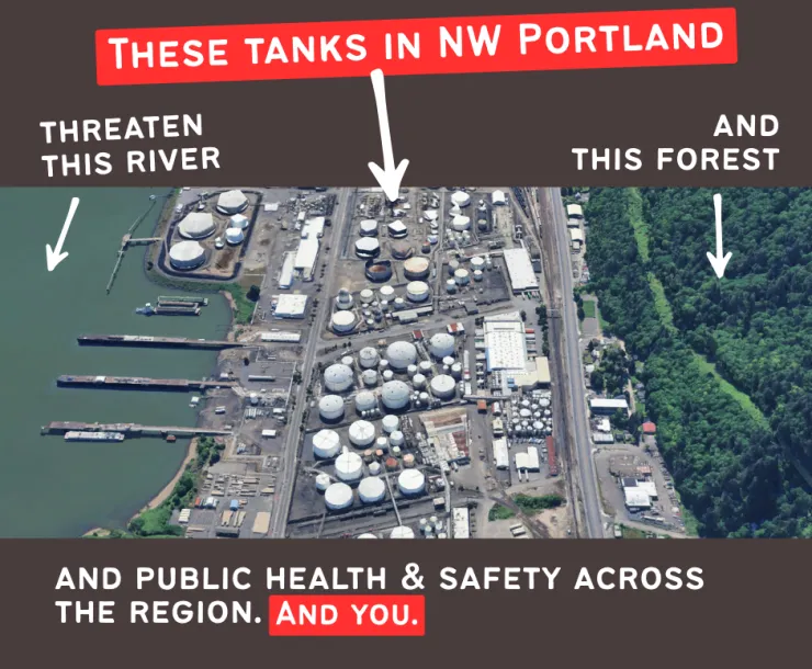 An aerial photograph of dozens of fuel storage tanks on the banks of the Willamette River.