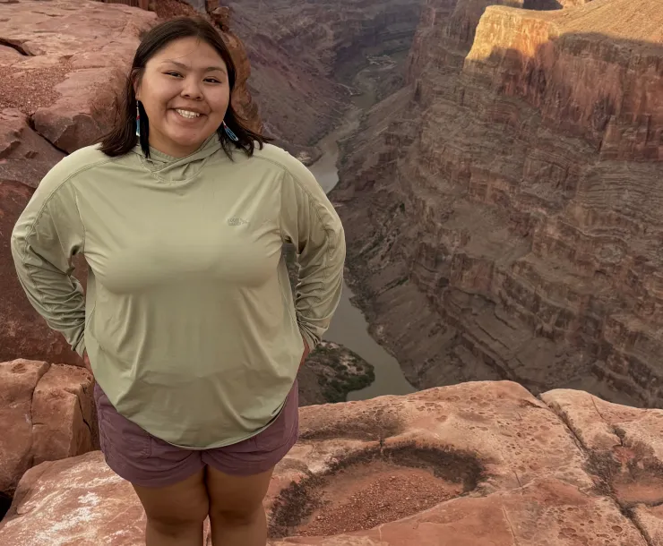 A person standing on the edge of a canyon