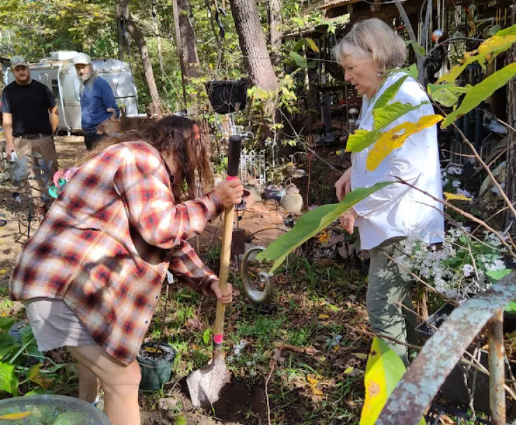 Two people planting a tree in a woodsy area. One is using a shovel to dig a hole. There are a couple of other people in the background. It's a sunny day and the leaves on the trees are green.