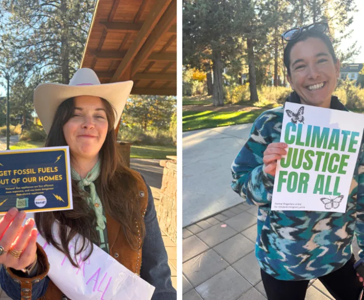 Side-by-side portraits of two smiling people standing outside
