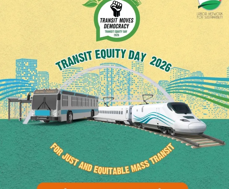 Images of a bus and train on a yellow and teal background. Text says "Transit equity day 2026 for just and equitable mass transit"
