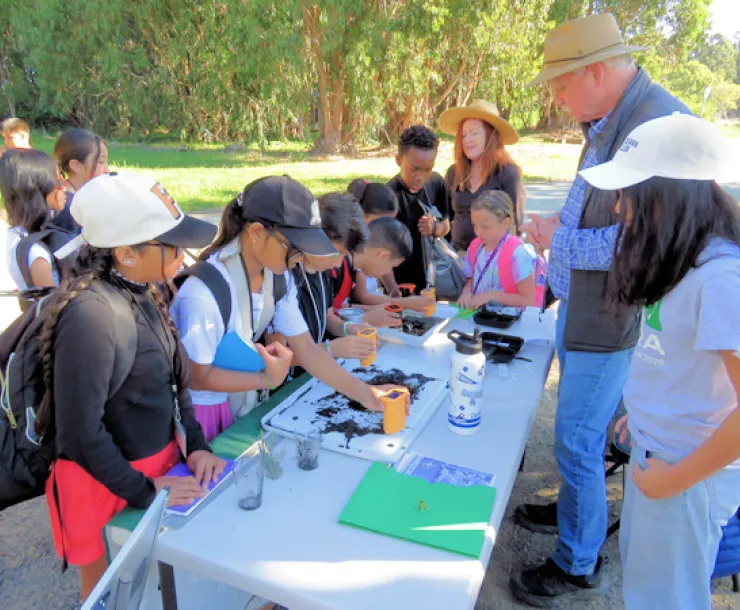 Students with microscopes