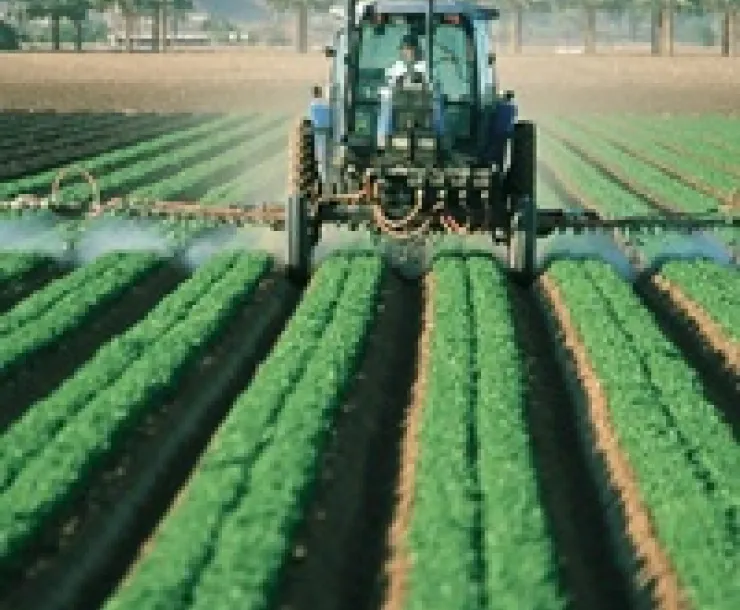 Tractor spraying weeds