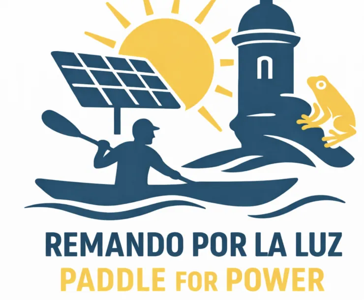 Illustrated campaign logo on a light gray background showing a kayaker paddling on waves beside a solar panel, a bright sun, El Morro-style lighthouse, and a yellow coquí frog. Blue and yellow color palette. Text reads: “REMANDO POR LA LUZ,” “PADDLE FOR POWER,” and “SOLAR UNITED NEIGHBORS PR / SIERRA CLUB PR.”