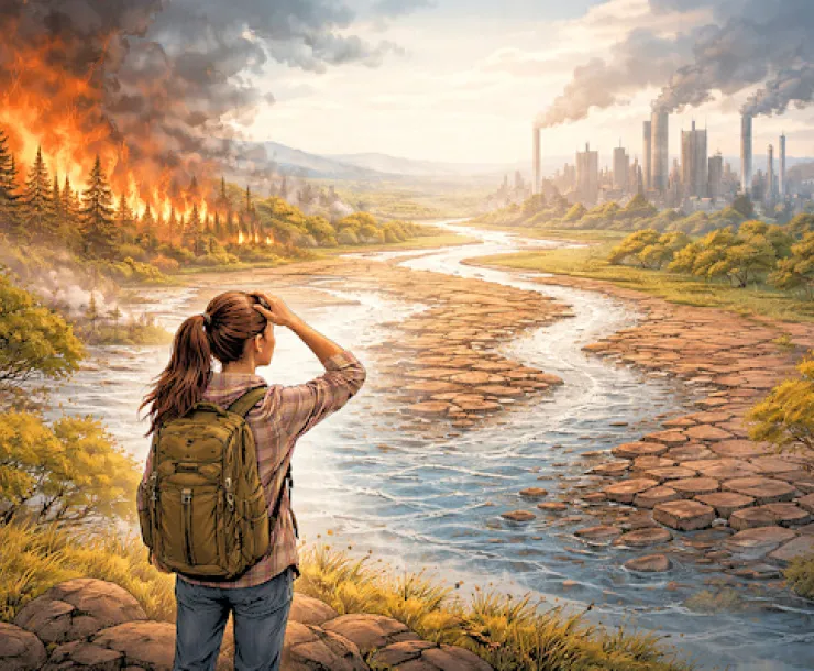a woman surveys climate destruction