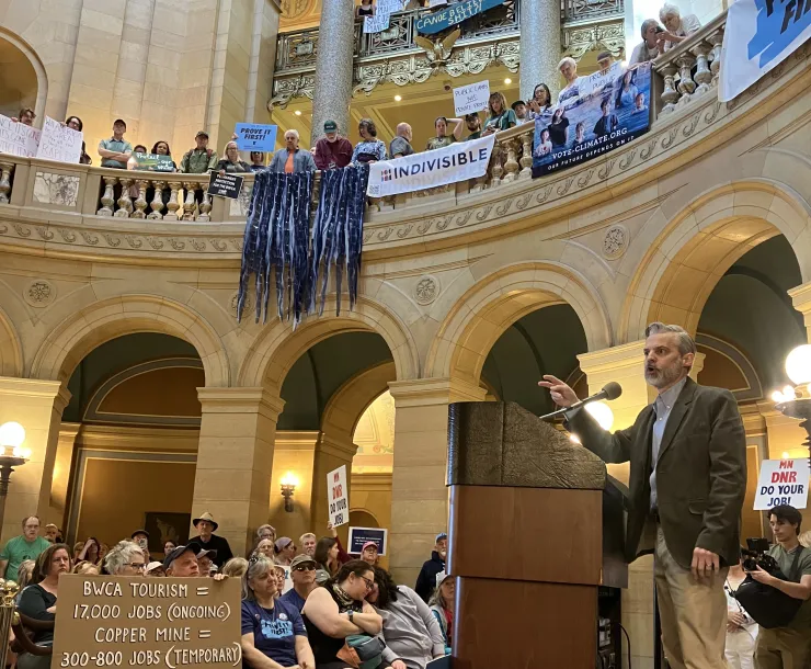 Peter Wagenius, Sierra Club North Star Chapter Legislative and Political Director, speaks to activists in the MN Capitol rotunda to protect the BWCA