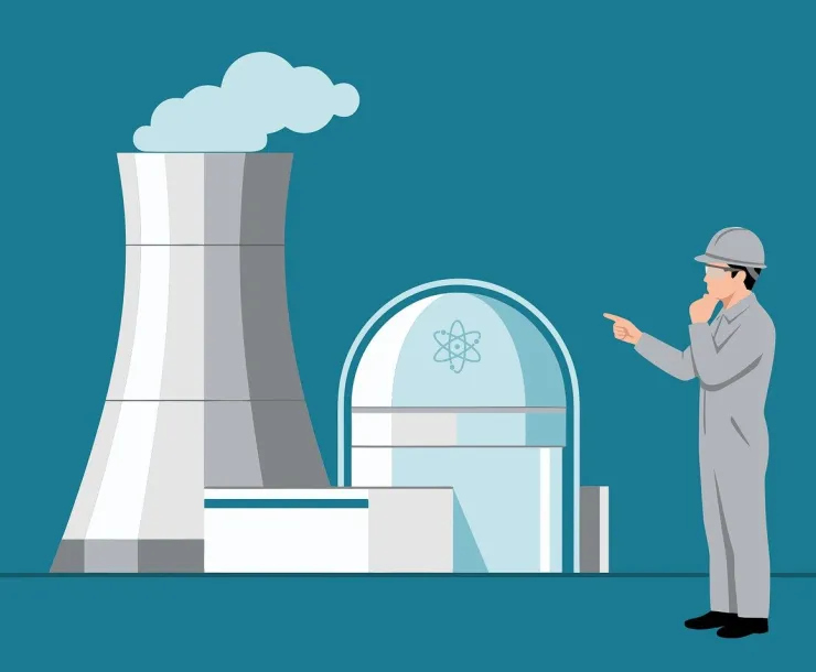 Graphic of nuclear power plant with a person standing next to it