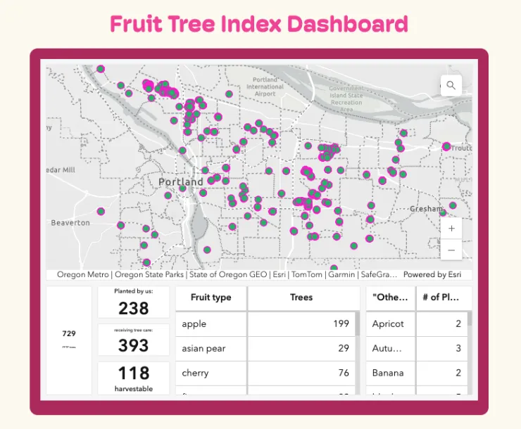 A screen shot of a map of fruit trees in Portland, Oregon