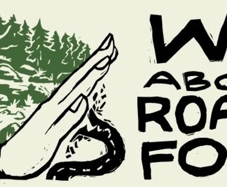 Drawing of a hand stopping a road from going through a forest with script that reads "Wild about roadless forests"