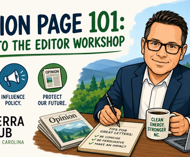 Promotional graphic for a NC Sierra Club workshop on submitting opinion pieces to newspapers