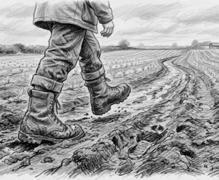 Farmer walking in a dry field