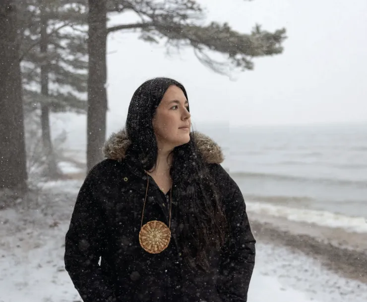 President Whitney Gravelle of the Bay Mills Indian Community at the Straits of Mackinac. Photo by Adam Joseph Wells for SIERRA Magazine, "A Battle for the Future of the Great Lakes," March 16, 2023.