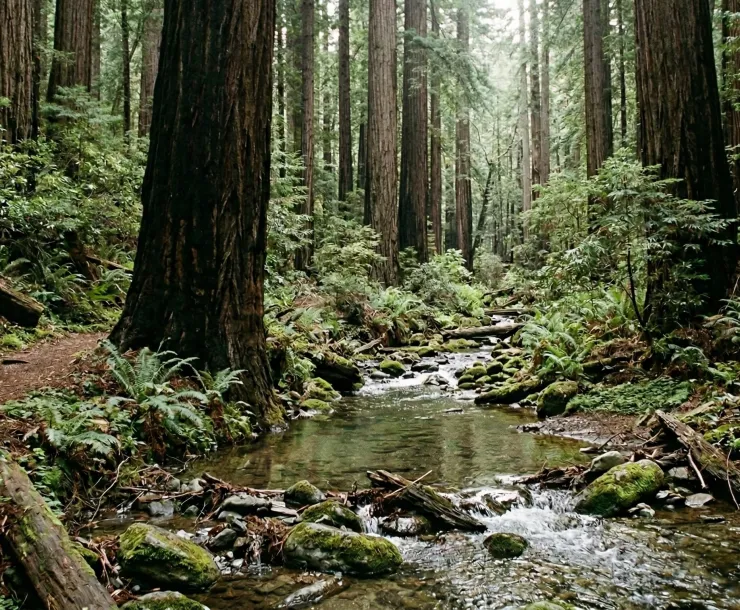 Beautiful creek winding through redwood forest