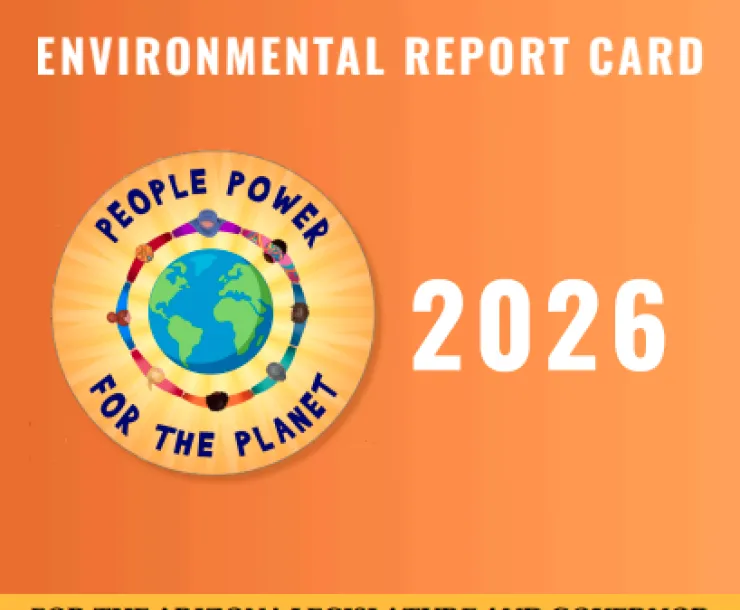 orange flyer with a symbol of the earth that reads People Power for the Planet - 2026