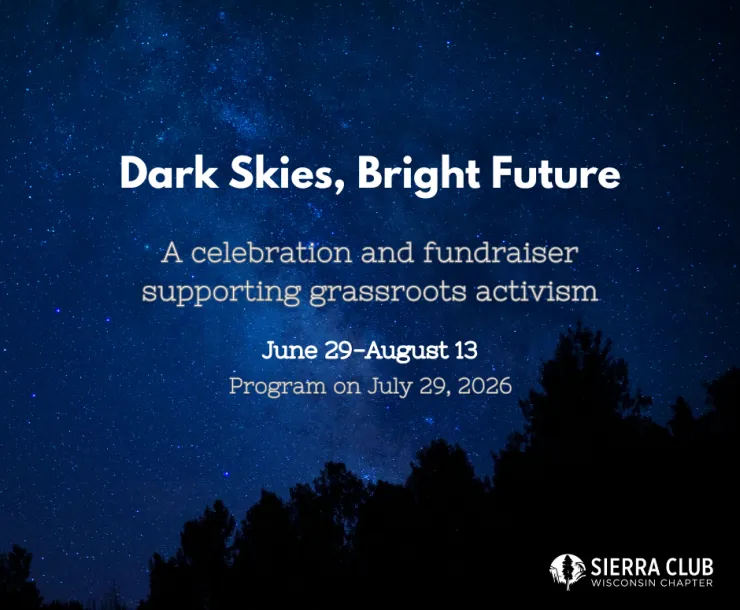 A night sky and silhoutte of trees with white text that reads: Dark Skies, Bright Future. A celebration and fundraiser supporting grassroots activism. June 29 to Aug 13. Special program July 29.