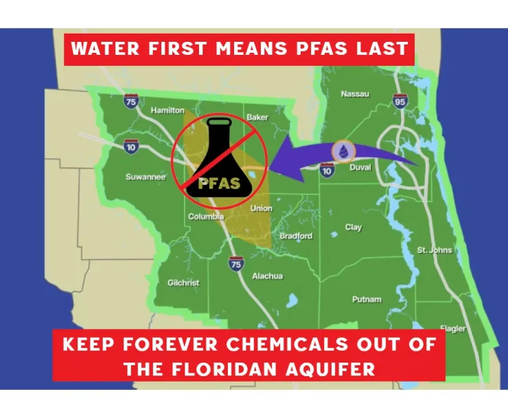 Map of North Florida indicating the proposal to pipe reclaimed wastewater from Jacksonville to Santa Fe River basin