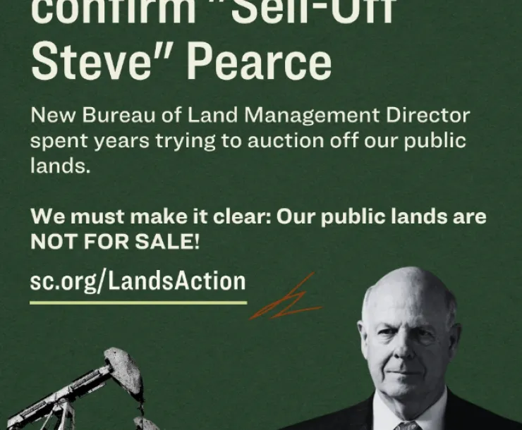 green graphic with a picture of Steve Pearce, oil rigs, that says Senate Votes to Confirm Sell-Off Steve Pearce