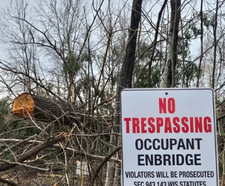 No trespassing, Occupant Enbridge on photo of tree cutting down
