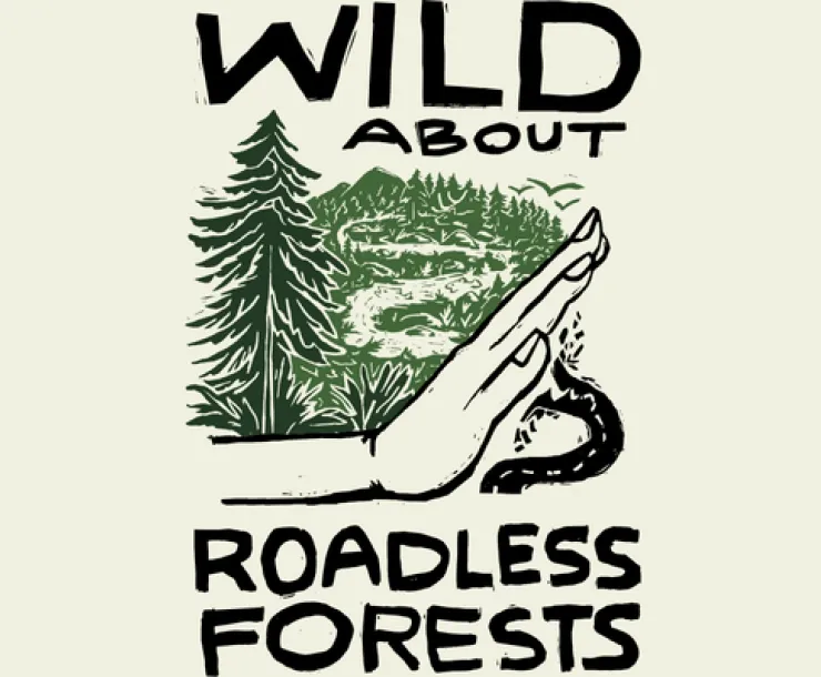a graphic depicting a large hand blocking a road from winding to a forest and river that says "wild about roadless forests"