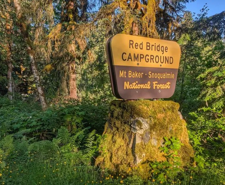 a national forest sign for the red bridge campground