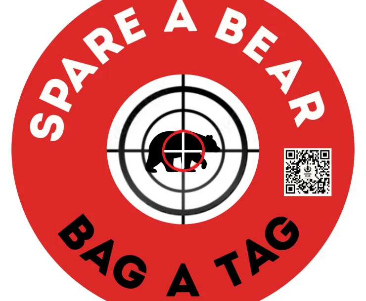 SPARE A BEAR BAG A TAG as text surrounding gun target on silhouette of black bear