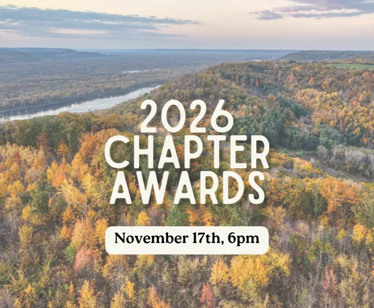 White texts promotes the 2026 Chapter Awards Celebration over a lightened image of trees in fall from above.