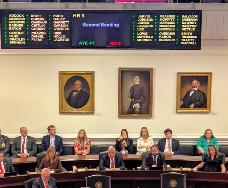 The NC Senate's tally board shows the vote total on a gas tax relief bill, displayed above the heads of people in the Senate chamber