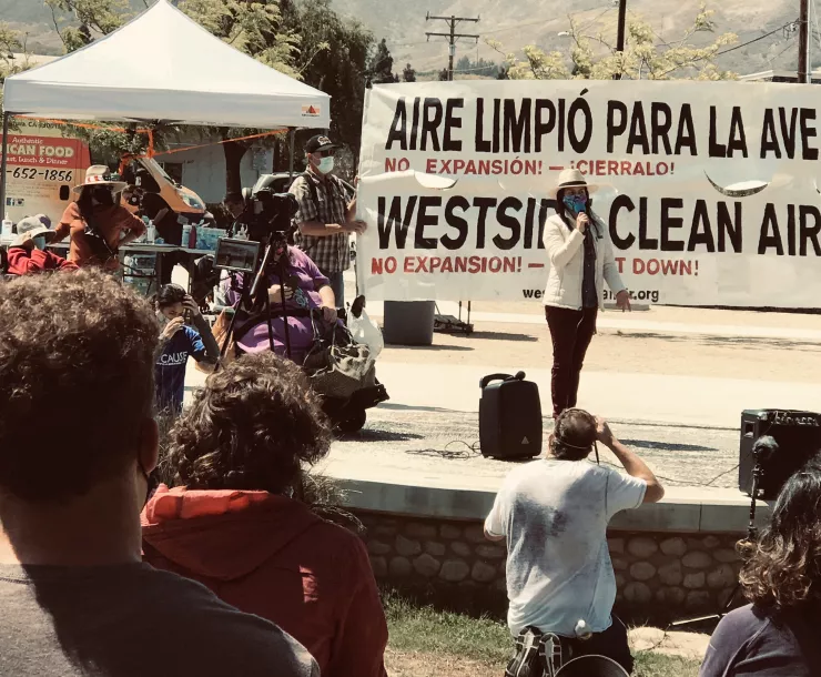 Mayor speaking at SoCalGas protest Kellogg Park Photo by John Hankins.jpg