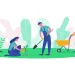Four people use tools to work in a small, green garden