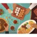 An aerial, illustrated view of hands reaching across a dinner table