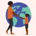 Illustration shows a woman handing a seedling to a young girl. Behind them is a large blue and green globe/Earth.