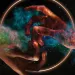 Photo illustration shows two hands coming together in front of a solar eclipse and a galaxy.