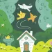 Cartoon illustration shows a sun behind a house and trees, birds, bees, and a bat.